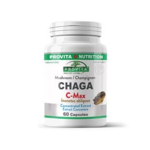 Confezione di integratore Fungo Chaga C-MAX, estratto ad alta concentrazione con antiossidanti naturali per difese immunitarie e vitalità.